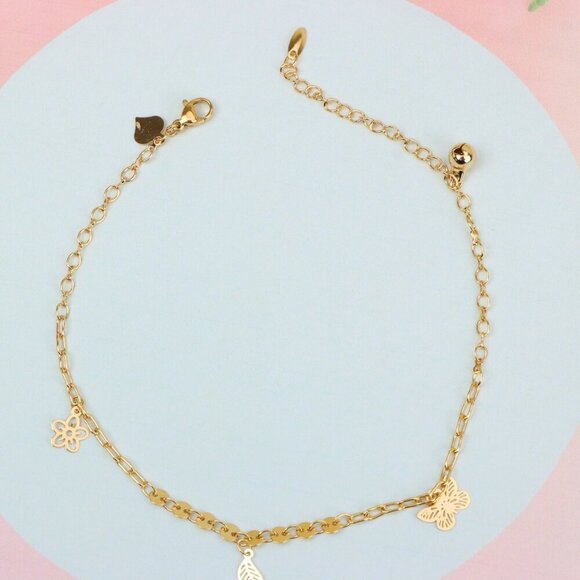 "Rose Gold Butterfly and Leaf Charm Anklet for Women, XPAL1040 - Picture 4 of 12